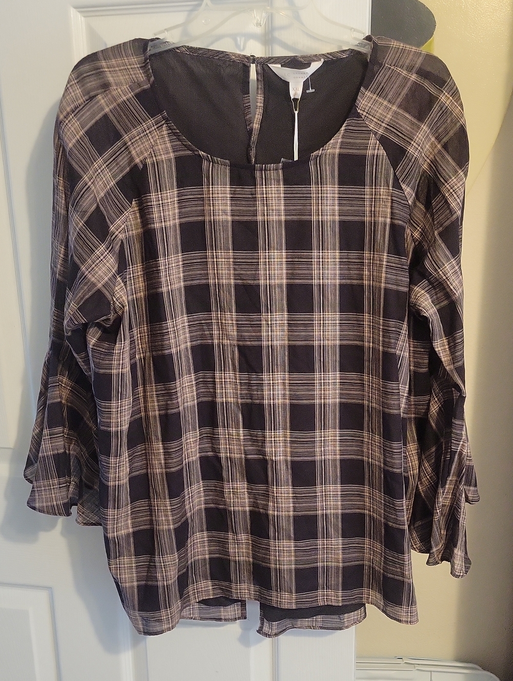 LC Lauren Conrad SzXL Black and Tan Plaid Lined Long-Bell Sleeve Blouse